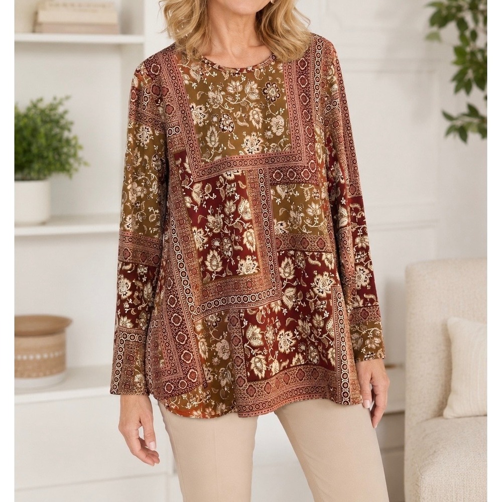 Denim & Co Womens Large Rust Brown Floral Patchwork Tunic Long Sleeve Top L